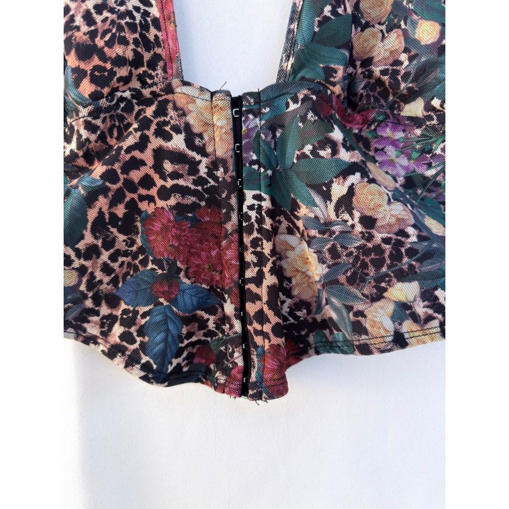 Leopard Floral Halter Corset Crop Top Y2K Mesh Hook & Eye Festival Sz Med - Picture 3 of 6